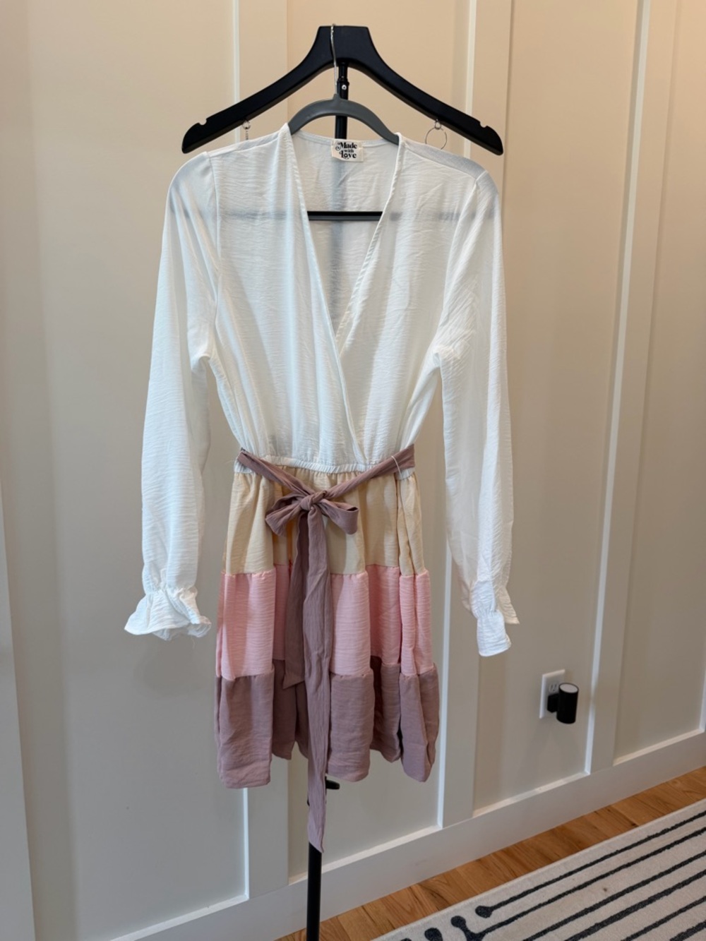 Women’s White Tiered Colorblock Dress with Belt by Made with Love size L #307